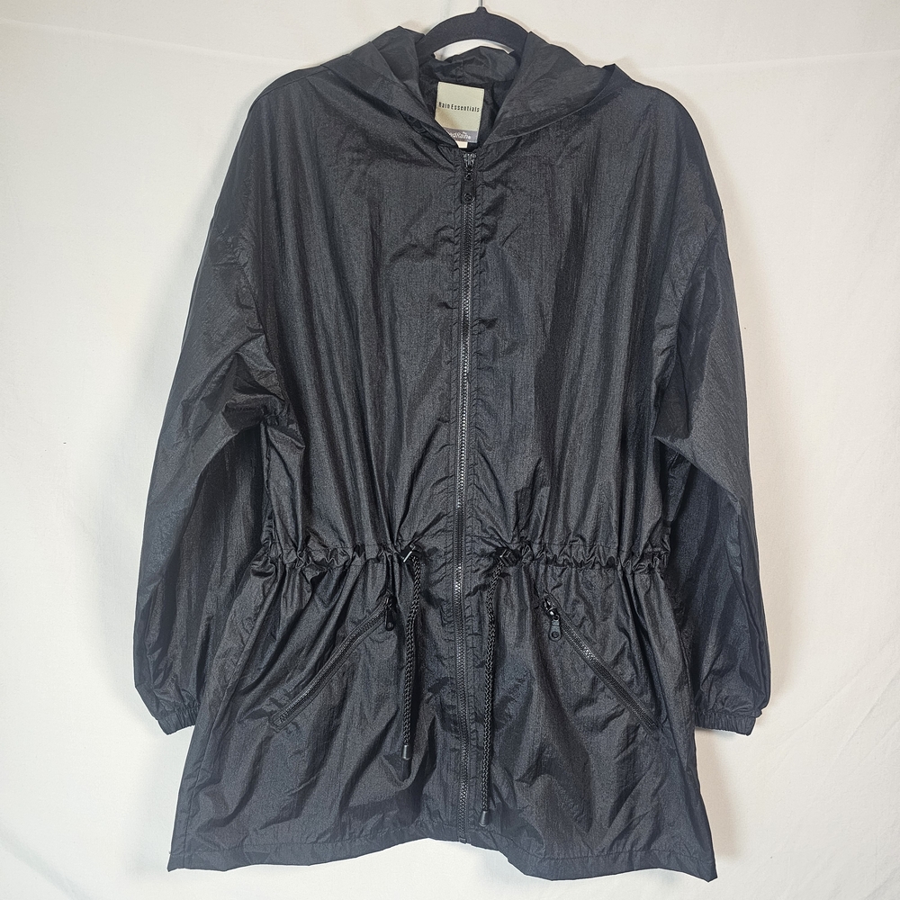 Rain Essentials Windbreaker‎ Jacket Hooded Packable Black S/M Drawstring Outdoor